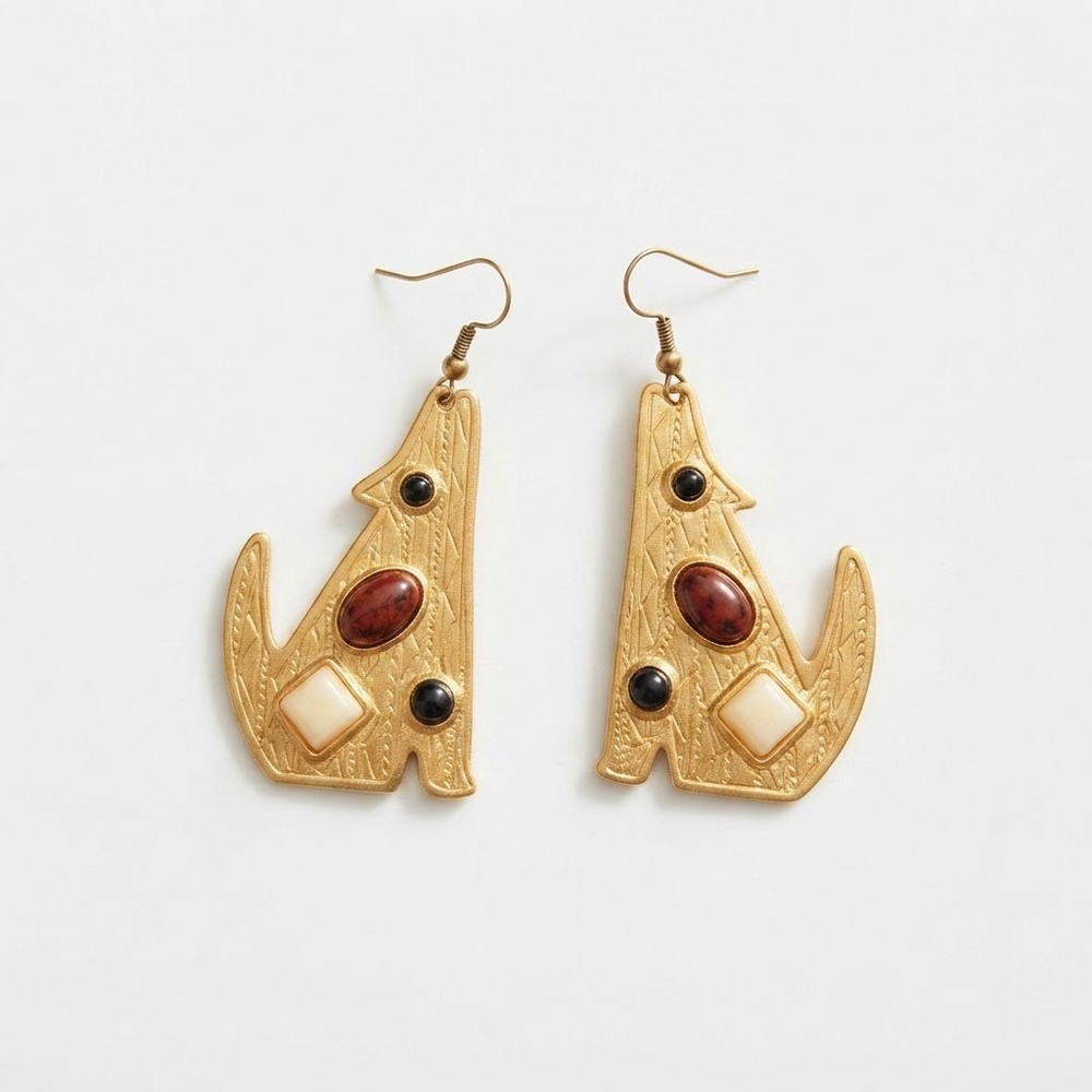 Vintage JJ 1988 Howling Wolf Earrings Gold Tone Cabochon Southwestern Dangle